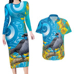 New Zealand Kokako Bird Couples Matching Long Sleeve Bodycon Dress and Hawaiian Shirt Maori Koru With Kowhai Flowers - Aussie Hoodie
