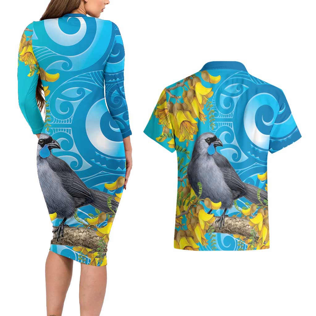 New Zealand Kokako Bird Couples Matching Long Sleeve Bodycon Dress and Hawaiian Shirt Maori Koru With Kowhai Flowers - Aussie Hoodie