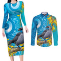 New Zealand Kokako Bird Couples Matching Long Sleeve Bodycon Dress and Long Sleeve Button Shirt Maori Koru With Kowhai Flowers - Aussie Hoodie