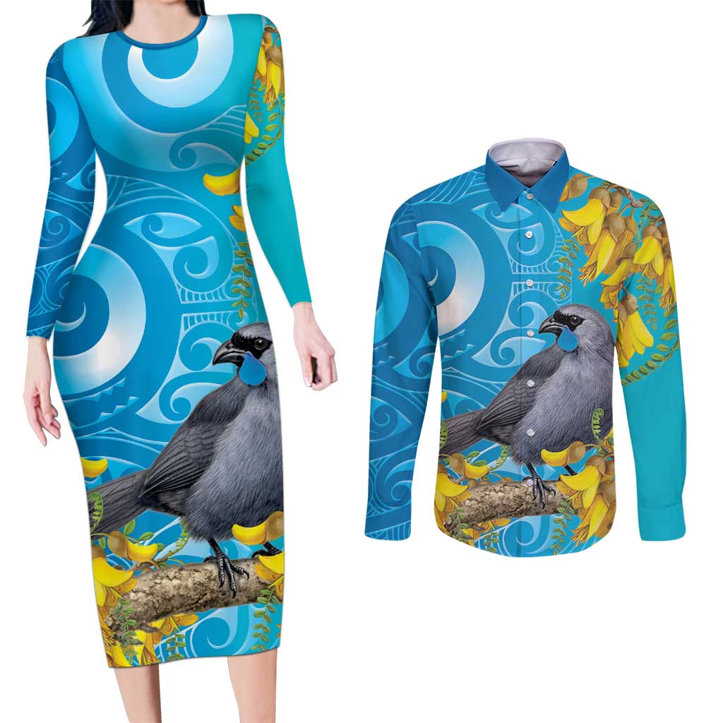 New Zealand Kokako Bird Couples Matching Long Sleeve Bodycon Dress and Long Sleeve Button Shirt Maori Koru With Kowhai Flowers - Aussie Hoodie