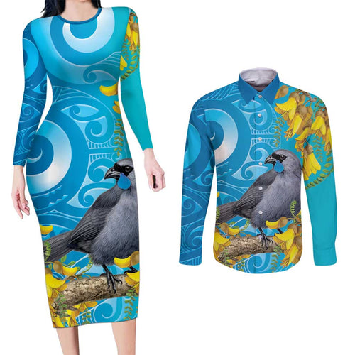 New Zealand Kokako Bird Couples Matching Long Sleeve Bodycon Dress and Long Sleeve Button Shirt Maori Koru With Kowhai Flowers - Aussie Hoodie