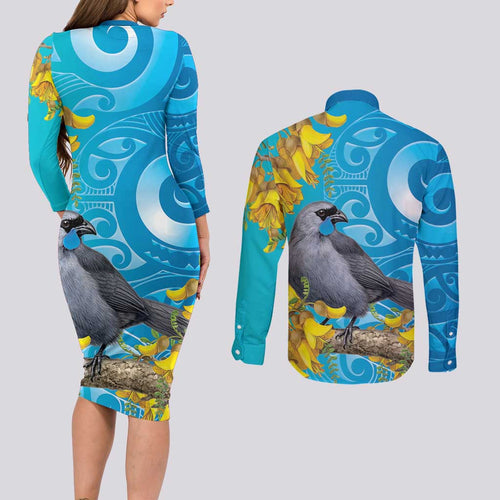 New Zealand Kokako Bird Couples Matching Long Sleeve Bodycon Dress and Long Sleeve Button Shirt Maori Koru With Kowhai Flowers - Aussie Hoodie