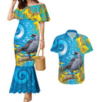 New Zealand Kokako Bird Couples Matching Mermaid Dress and Hawaiian Shirt Maori Koru With Kowhai Flowers - Aussie Hoodie