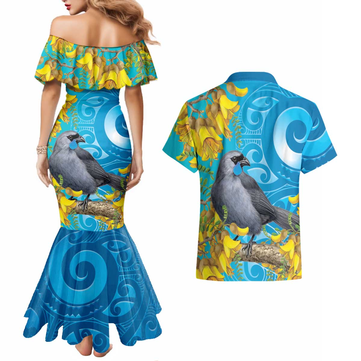 New Zealand Kokako Bird Couples Matching Mermaid Dress and Hawaiian Shirt Maori Koru With Kowhai Flowers - Aussie Hoodie
