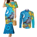 New Zealand Kokako Bird Couples Matching Mermaid Dress and Long Sleeve Button Shirt Maori Koru With Kowhai Flowers - Aussie Hoodie