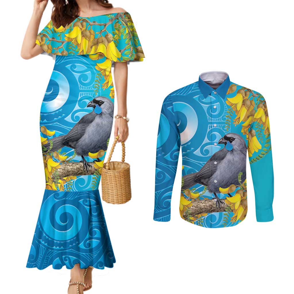 New Zealand Kokako Bird Couples Matching Mermaid Dress and Long Sleeve Button Shirt Maori Koru With Kowhai Flowers - Aussie Hoodie