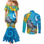 New Zealand Kokako Bird Couples Matching Mermaid Dress and Long Sleeve Button Shirt Maori Koru With Kowhai Flowers - Aussie Hoodie