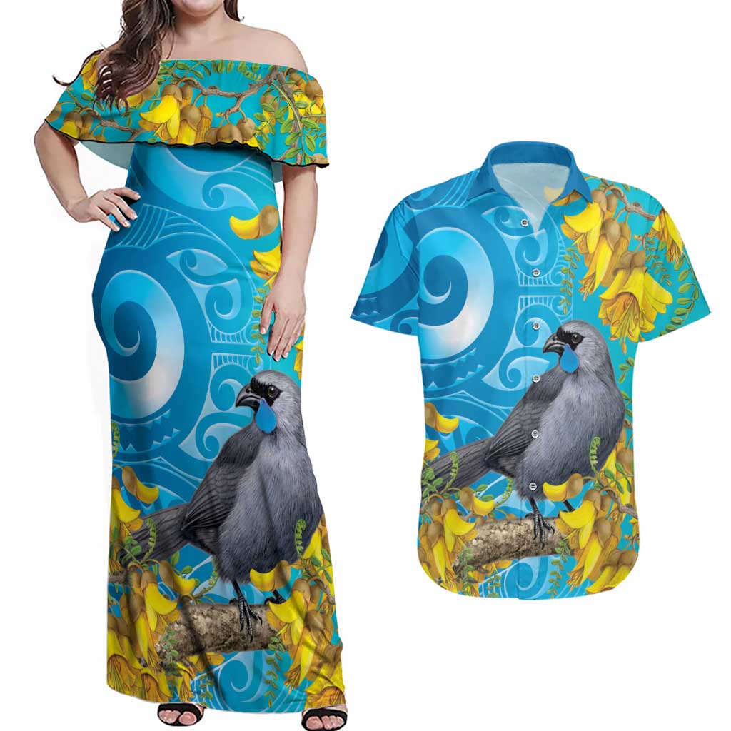New Zealand Kokako Bird Couples Matching Off Shoulder Maxi Dress and Hawaiian Shirt Maori Koru With Kowhai Flowers - Aussie Hoodie