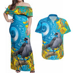New Zealand Kokako Bird Couples Matching Off Shoulder Maxi Dress and Hawaiian Shirt Maori Koru With Kowhai Flowers - Aussie Hoodie