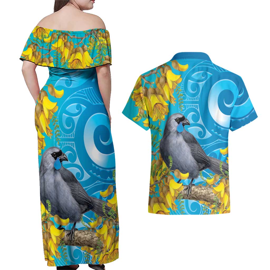 New Zealand Kokako Bird Couples Matching Off Shoulder Maxi Dress and Hawaiian Shirt Maori Koru With Kowhai Flowers - Aussie Hoodie