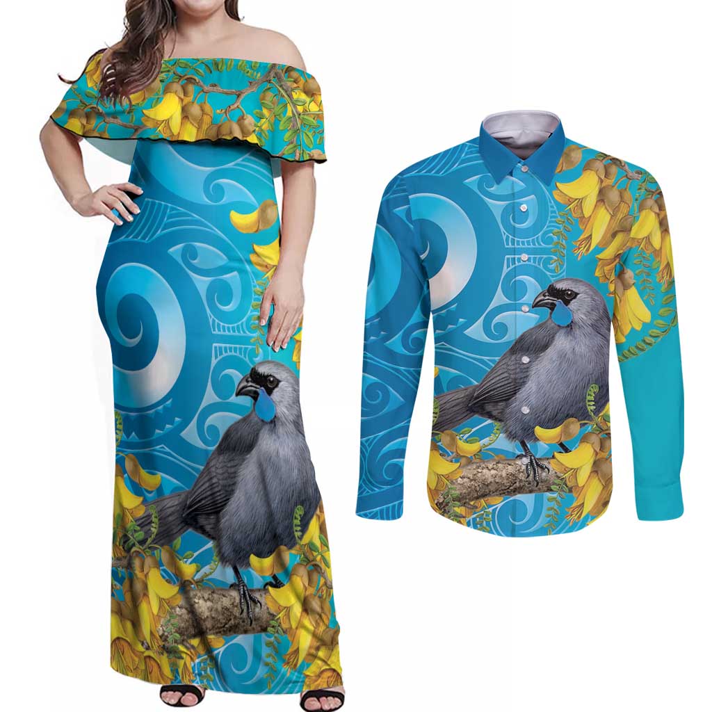 New Zealand Kokako Bird Couples Matching Off Shoulder Maxi Dress and Long Sleeve Button Shirt Maori Koru With Kowhai Flowers - Aussie Hoodie