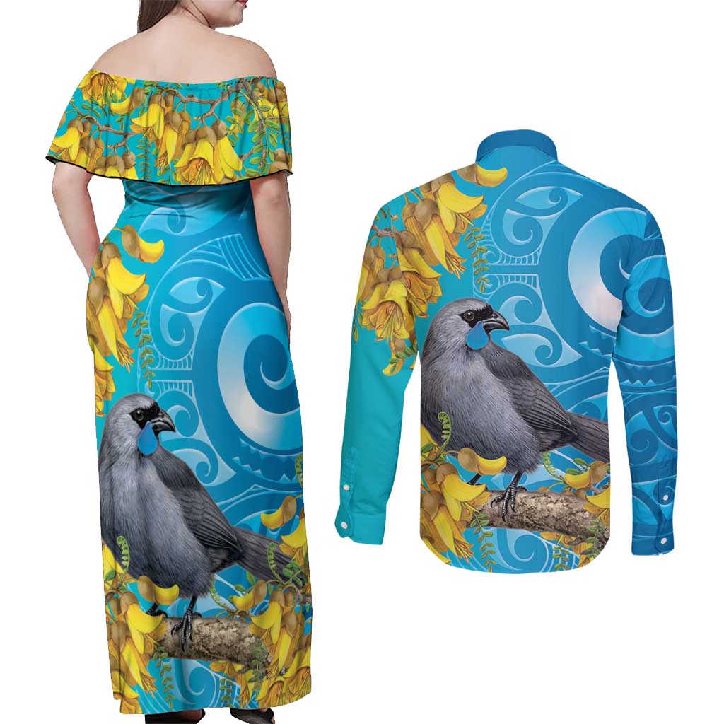 New Zealand Kokako Bird Couples Matching Off Shoulder Maxi Dress and Long Sleeve Button Shirt Maori Koru With Kowhai Flowers - Aussie Hoodie