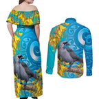New Zealand Kokako Bird Couples Matching Off Shoulder Maxi Dress and Long Sleeve Button Shirt Maori Koru With Kowhai Flowers - Aussie Hoodie