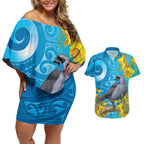 New Zealand Kokako Bird Couples Matching Off Shoulder Short Dress and Hawaiian Shirt Maori Koru With Kowhai Flowers - Aussie Hoodie