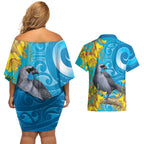 New Zealand Kokako Bird Couples Matching Off Shoulder Short Dress and Hawaiian Shirt Maori Koru With Kowhai Flowers - Aussie Hoodie