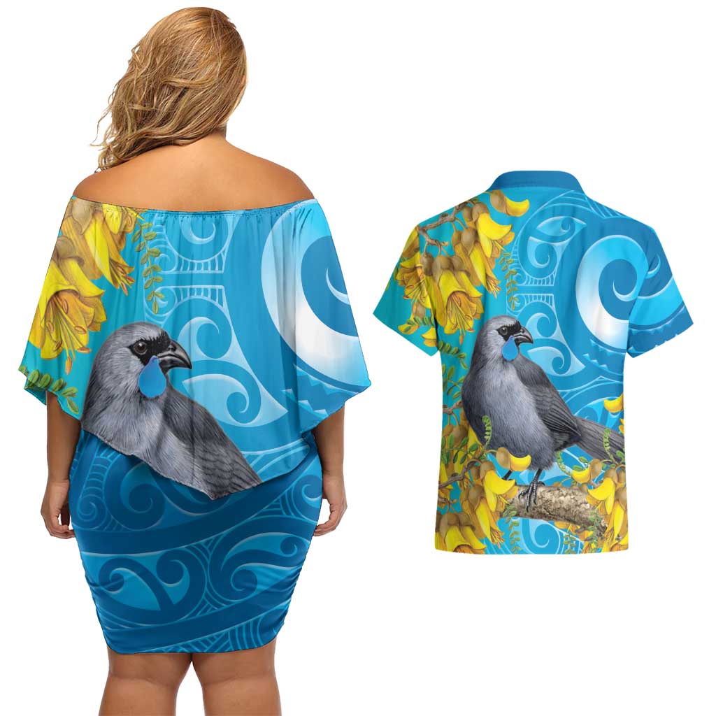 New Zealand Kokako Bird Couples Matching Off Shoulder Short Dress and Hawaiian Shirt Maori Koru With Kowhai Flowers - Aussie Hoodie