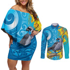 New Zealand Kokako Bird Couples Matching Off Shoulder Short Dress and Long Sleeve Button Shirt Maori Koru With Kowhai Flowers - Aussie Hoodie