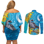 New Zealand Kokako Bird Couples Matching Off Shoulder Short Dress and Long Sleeve Button Shirt Maori Koru With Kowhai Flowers - Aussie Hoodie
