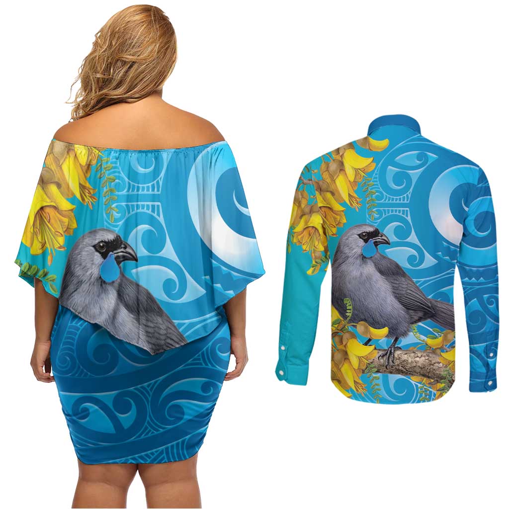 New Zealand Kokako Bird Couples Matching Off Shoulder Short Dress and Long Sleeve Button Shirt Maori Koru With Kowhai Flowers - Aussie Hoodie