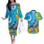 New Zealand Kokako Bird Couples Matching Off The Shoulder Long Sleeve Dress and Hawaiian Shirt Maori Koru With Kowhai Flowers - Aussie Hoodie