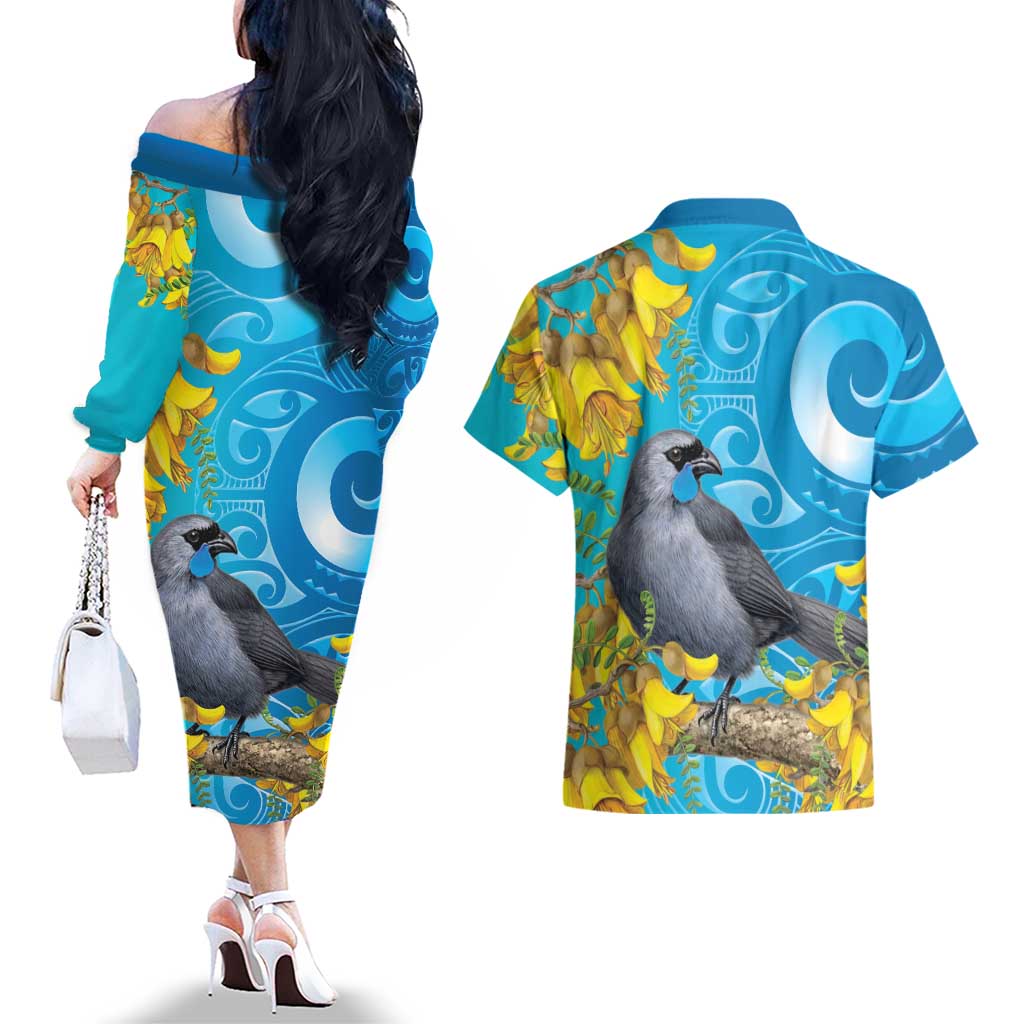 New Zealand Kokako Bird Couples Matching Off The Shoulder Long Sleeve Dress and Hawaiian Shirt Maori Koru With Kowhai Flowers - Aussie Hoodie