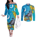 New Zealand Kokako Bird Couples Matching Off The Shoulder Long Sleeve Dress and Long Sleeve Button Shirt Maori Koru With Kowhai Flowers - Aussie Hoodie
