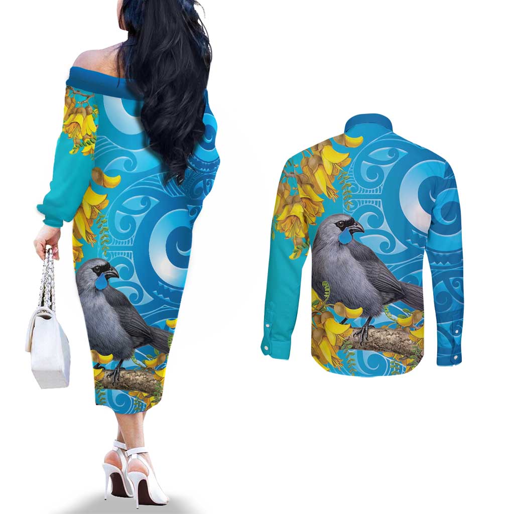 New Zealand Kokako Bird Couples Matching Off The Shoulder Long Sleeve Dress and Long Sleeve Button Shirt Maori Koru With Kowhai Flowers - Aussie Hoodie