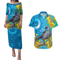 New Zealand Kokako Bird Couples Matching Puletasi and Hawaiian Shirt Maori Koru With Kowhai Flowers - Aussie Hoodie