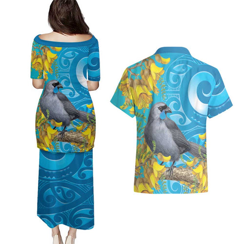 New Zealand Kokako Bird Couples Matching Puletasi and Hawaiian Shirt Maori Koru With Kowhai Flowers - Aussie Hoodie