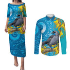 New Zealand Kokako Bird Couples Matching Puletasi and Long Sleeve Button Shirt Maori Koru With Kowhai Flowers - Aussie Hoodie