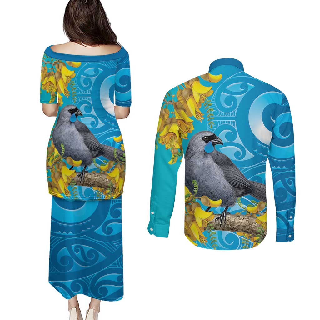 New Zealand Kokako Bird Couples Matching Puletasi and Long Sleeve Button Shirt Maori Koru With Kowhai Flowers - Aussie Hoodie