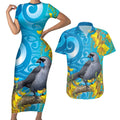 New Zealand Kokako Bird Couples Matching Short Sleeve Bodycon Dress and Hawaiian Shirt Maori Koru With Kowhai Flowers - Aussie Hoodie