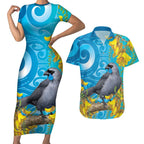 New Zealand Kokako Bird Couples Matching Short Sleeve Bodycon Dress and Hawaiian Shirt Maori Koru With Kowhai Flowers - Aussie Hoodie