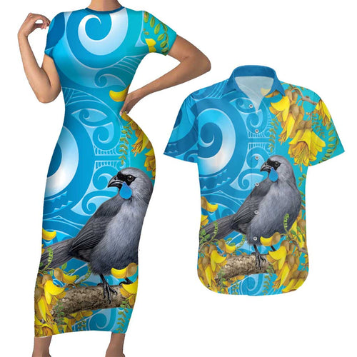 New Zealand Kokako Bird Couples Matching Short Sleeve Bodycon Dress and Hawaiian Shirt Maori Koru With Kowhai Flowers - Aussie Hoodie