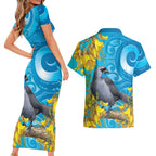 New Zealand Kokako Bird Couples Matching Short Sleeve Bodycon Dress and Hawaiian Shirt Maori Koru With Kowhai Flowers - Aussie Hoodie