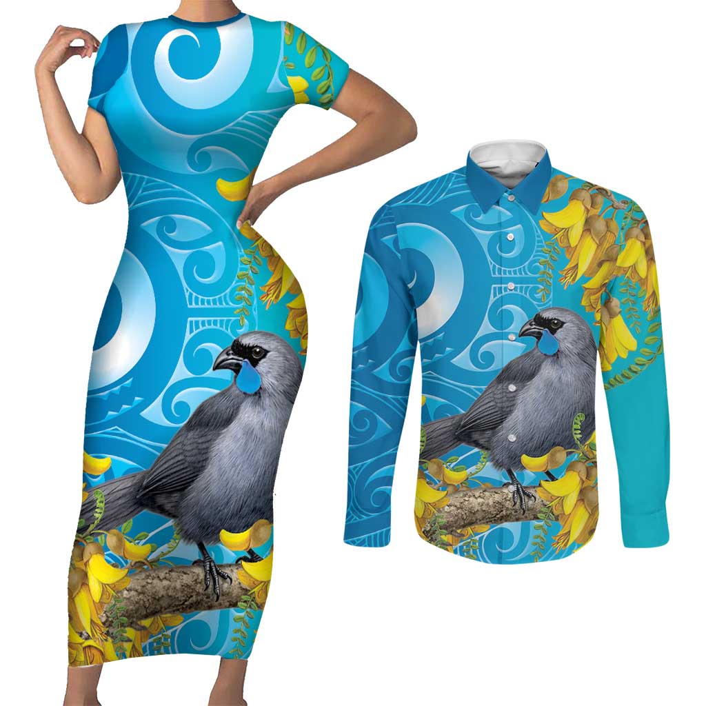 New Zealand Kokako Bird Couples Matching Short Sleeve Bodycon Dress and Long Sleeve Button Shirt Maori Koru With Kowhai Flowers - Aussie Hoodie