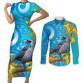 New Zealand Kokako Bird Couples Matching Short Sleeve Bodycon Dress and Long Sleeve Button Shirt Maori Koru With Kowhai Flowers - Aussie Hoodie
