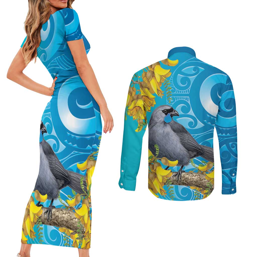 New Zealand Kokako Bird Couples Matching Short Sleeve Bodycon Dress and Long Sleeve Button Shirt Maori Koru With Kowhai Flowers - Aussie Hoodie