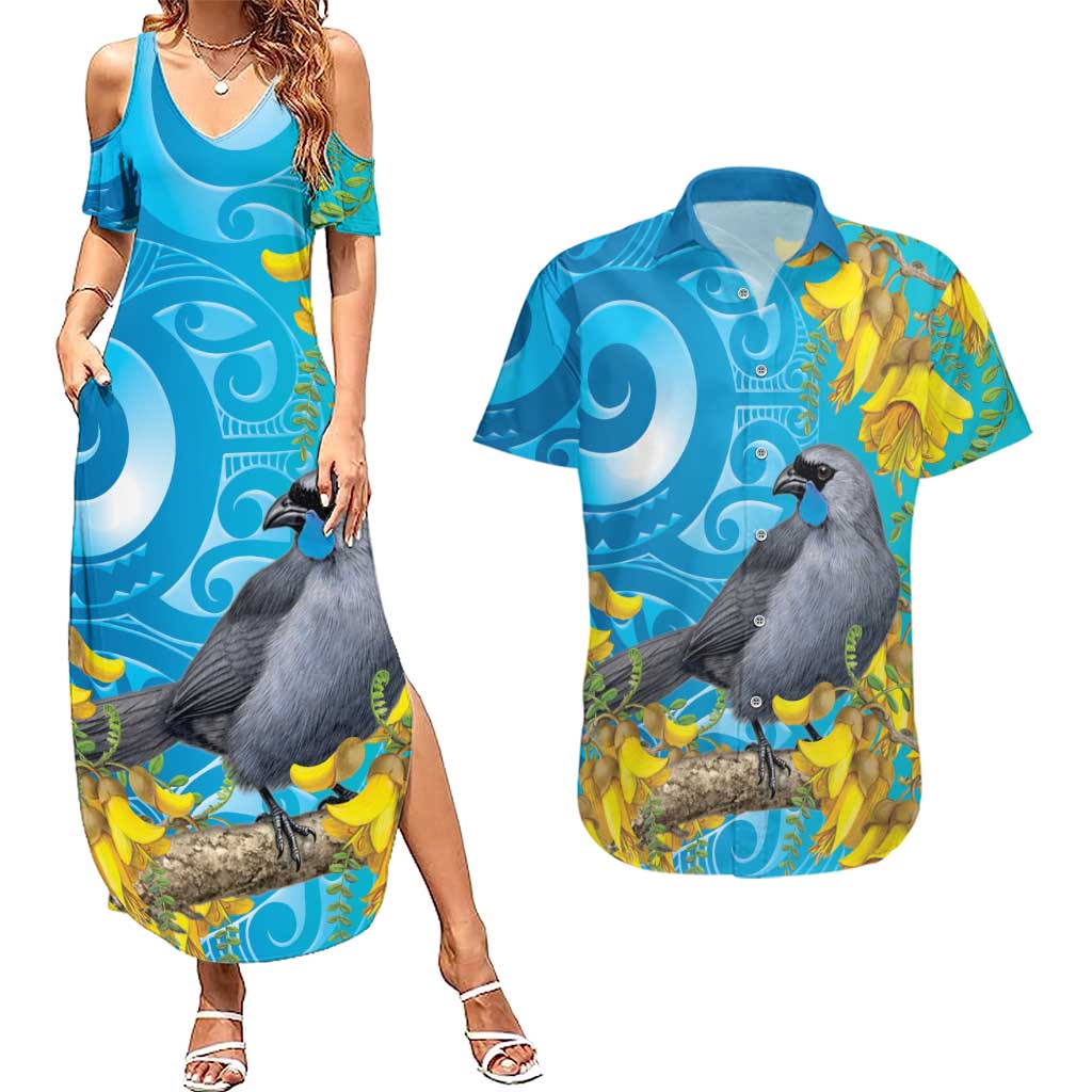 New Zealand Kokako Bird Couples Matching Summer Maxi Dress and Hawaiian Shirt Maori Koru With Kowhai Flowers - Aussie Hoodie