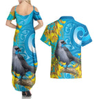 New Zealand Kokako Bird Couples Matching Summer Maxi Dress and Hawaiian Shirt Maori Koru With Kowhai Flowers - Aussie Hoodie