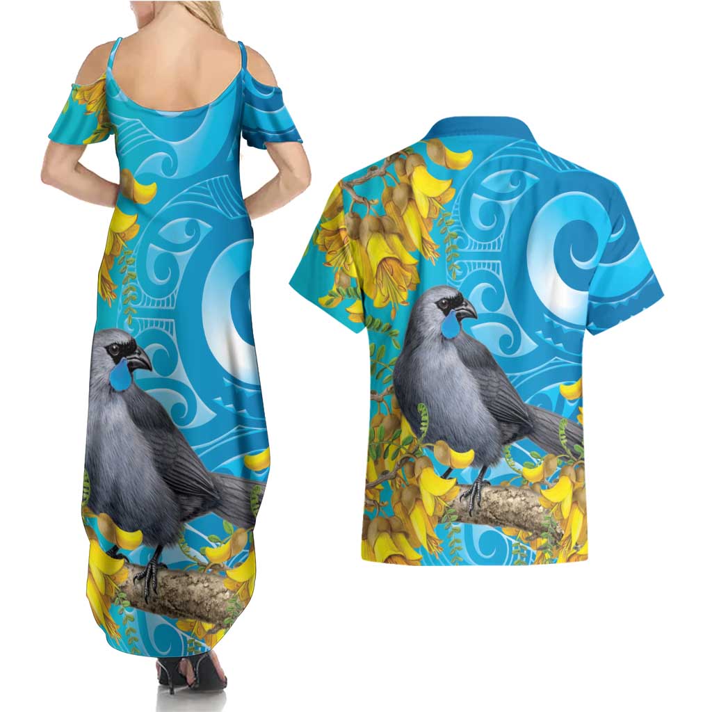 New Zealand Kokako Bird Couples Matching Summer Maxi Dress and Hawaiian Shirt Maori Koru With Kowhai Flowers - Aussie Hoodie