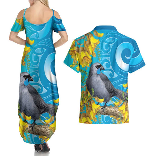 New Zealand Kokako Bird Couples Matching Summer Maxi Dress and Hawaiian Shirt Maori Koru With Kowhai Flowers - Aussie Hoodie