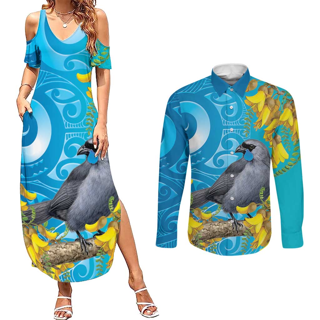 New Zealand Kokako Bird Couples Matching Summer Maxi Dress and Long Sleeve Button Shirt Maori Koru With Kowhai Flowers - Aussie Hoodie