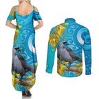 New Zealand Kokako Bird Couples Matching Summer Maxi Dress and Long Sleeve Button Shirt Maori Koru With Kowhai Flowers - Aussie Hoodie