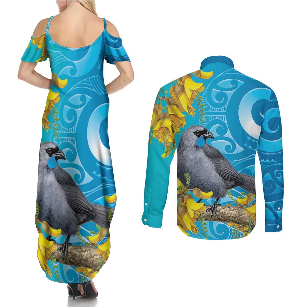 New Zealand Kokako Bird Couples Matching Summer Maxi Dress and Long Sleeve Button Shirt Maori Koru With Kowhai Flowers - Aussie Hoodie