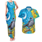 New Zealand Kokako Bird Couples Matching Tank Maxi Dress and Hawaiian Shirt Maori Koru With Kowhai Flowers - Aussie Hoodie