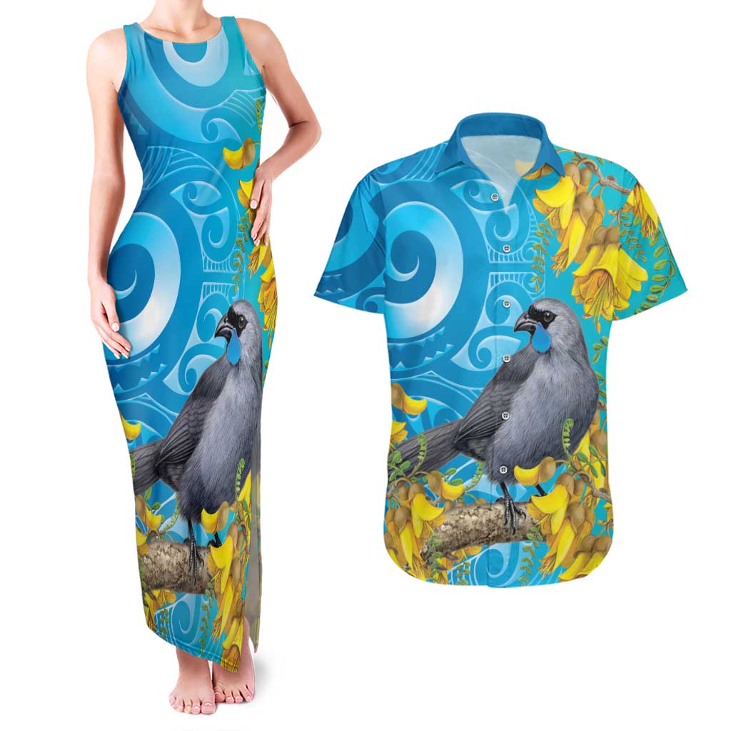 New Zealand Kokako Bird Couples Matching Tank Maxi Dress and Hawaiian Shirt Maori Koru With Kowhai Flowers - Aussie Hoodie