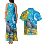New Zealand Kokako Bird Couples Matching Tank Maxi Dress and Hawaiian Shirt Maori Koru With Kowhai Flowers - Aussie Hoodie