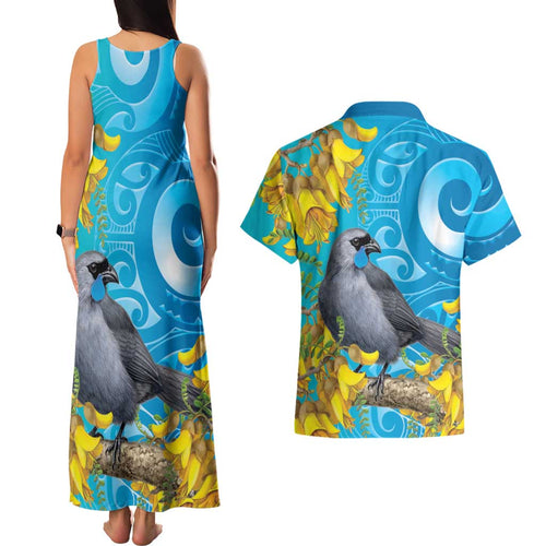 New Zealand Kokako Bird Couples Matching Tank Maxi Dress and Hawaiian Shirt Maori Koru With Kowhai Flowers - Aussie Hoodie