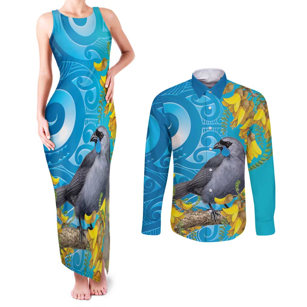 New Zealand Kokako Bird Couples Matching Tank Maxi Dress and Long Sleeve Button Shirt Maori Koru With Kowhai Flowers - Aussie Hoodie